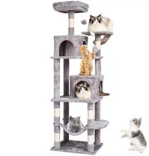 VEVOR Cat Tree 63" Cat Tower with 2 Cat Condos Sisal Scratching Post Light Grey