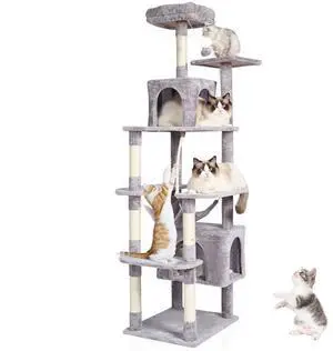 VEVOR Cat Tree 72" Cat Tower with 2 Cat Condos Sisal Scratching Post Light Grey