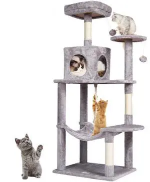 VEVOR Cat Tree 56.2" Cat Tower with Cat Condo Sisal Scratching Post Light Grey