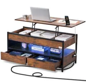 VEVOR  Lift Up Coffee Table, 39.4 in Rectangle Coffee Table with Storage Drawers, Coffee Table with Charging Station & USB & LED Light, Hidden Compartments and Open Shelf for Living Room, Home, Offic