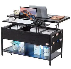 VEVOR  Lift Up Coffee Table, 39.4 in Rectangle Coffee Table with Storage Drawers, Coffee Table with Charging Station & USB & LED Light, Hidden Compartments and Open Shelf for Living Room, Home, Offic