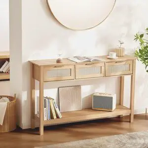 VEVOR Rattan Console Table with 3 Storage Drawers Rattan 51.38x11.81x32.09inch Sliding Door Natural, Rattan Entryway Table with Storage, Small Console Tables for Entryway, Entry Table for Hallway, Li