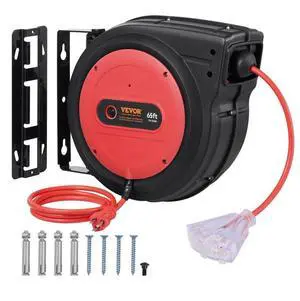 VEVOR Retractable Extension Cord Reel Power Cord Reel 65FT 12AWG/3C SJTOW