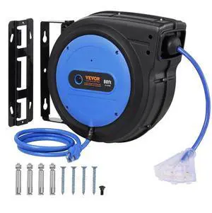 VEVOR Retractable Extension Cord Reel Power Cord Reel 80FT 12AWG/3C SJTOW
