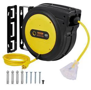 VEVOR Retractable Extension Cord Reel Power Cord Reel 65FT 12AWG/3C SJTOW