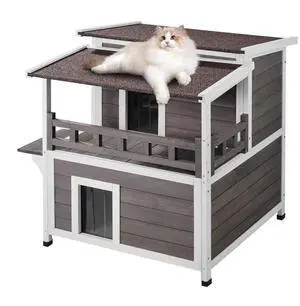 VEVOR Outdoor Cat House 2-story Wooden Feral Cat Shelter with  Balcony & Roof
