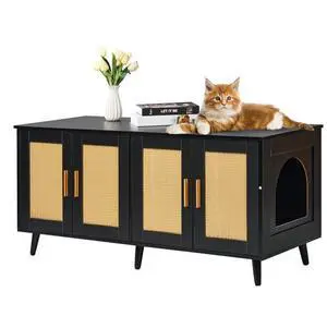 VEVOR Cat Litter Box Enclosure Wooden Litter Box Furniture Hidden 2 Rooms Black