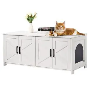 VEVOR Cat Litter Box Enclosure Wooden Litter Box Furniture Hidden 2 Rooms White