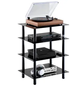 VEVOR 4-Tier AV Media Stand Strengthened Tempered Glass Audio-Video Media Stand, AV Media Stand Corner Shelf Corner Shelves Component Cabinet Stereo Audio Rack Stand Tower Perfect for DVD Players For