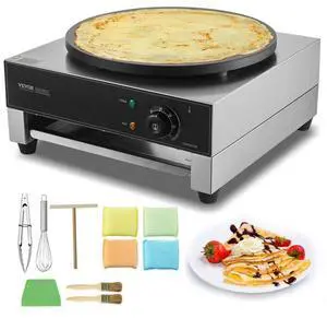 VEVOR Electric Crepe Maker, 16-Inch Commercial Crepe Machine, 1700W Flat Plate Crepe Griddle, Nonstick Stainless Steel Pancake Making Machine, Desktop Circular Cereals Pancake Stove with Temp Control