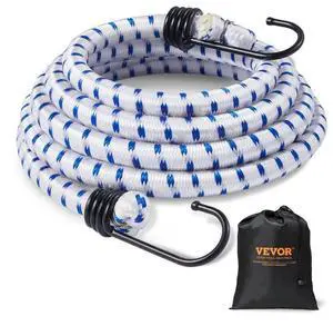 VEVOR 6 Piece Bungee Cords with A3 Steel Hooks, 72 Inch Heavy Duty Bungee Straps, 12 mm Elastic Bungee Ropes Set for Camping, Tarps, Motorcycle, Truck and Tent, White with Blue Stripes