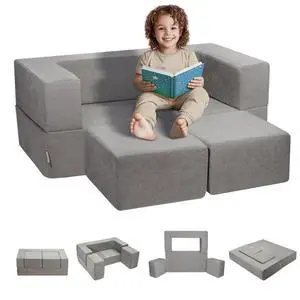VEVOR Kids Couch, 4Pcs Modular Kids Play Couch, Toddler Couch Sofa Bed, Kids Chair Seat Playroom Furniture, Child Sectional Sofa with Removable Cover for Kids Girls & Boys, Grey
