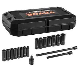 VEVOR Impact Sockets Set 18pcs 6-Point 3/8" Drive Bit Ratchet Tool Kit Case