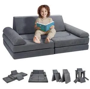 VEVOR Kids Couch, 10Pcs Modular Kids Play Couch, Toddler Couch Sofa Bed, Kids Chair Seat Playroom Furniture, Kids Sofa with Removable Cover for Kids Girls & Boys, Grey