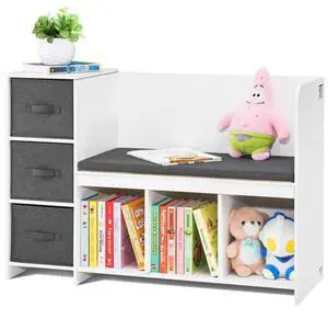 VEVOR Kids Reading Nook Bench, Toddler Bookshelf and Bookcase with Detachable Seat Cushion, 6-Cubby Storage Organizer Bench with 3 Drawers, Ideal for Playroom, Bedroom, Living Room or Entryway, White