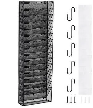 VEVOR  Hanging Wall Files Organizer, 16-Tier Vertical Wall File Holder, Metal Wall Mounted Magazine Mail Paper Document Storage Folder, with Nametag Label, Bottom Flat Tray, for Office Home & School