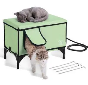 VEVOR Elevated Heated Cat House Cuboid Kitty Shelter with Heated Pad Green (M)
