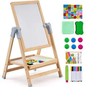 VEVOR 2-in-1 Kids Art Easel Double-Sided Wooden Magnetic Whiteboard Chalkboard
