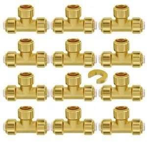 VEVOR Pipe Fittings, 1/2" 12PCS Tee Brass Pipe Fittings, Push-Fit Pipe Connector Brass Air Fittings, Heavy Duty Plumbing Fittings Adapter for Heating/Shower Systems, Water Pipes