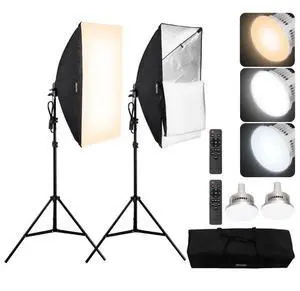 VEVOR Softbox Lighting Kit, 20" x 28", Professional Softbox with 45W 3000-6500K LED Bulbs, 3 Continuous Lighting Effects, Tripod Stand, Remote Control, Studio Lights for Portrait shooting