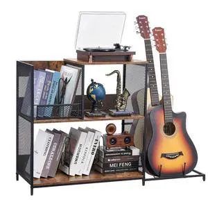 VEVOR 3-Tier Record Player Stand with Guitar Holder, Turntable Stand with Storage Holds Up to 300 Albums, Vinyl Record Cabinet with Metal Mesh Frame for Living Room, Bedroom, Black
