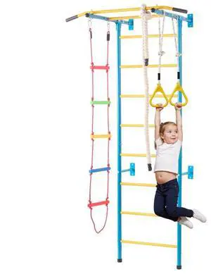 VEVOR Indoor Jungle Gym for Toddlers, 5-in-1 Climbing Playset with Carbon Steel Swedish Ladder, Wall Ladder, Pull-Up Bar, Rope Ladder, and Gymnastic Rings, Supports 220 lbs, Multicolor