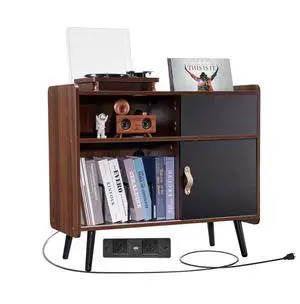 VEVOR Record Player Stand with Power Outlet, Turntable Stand Holds Up to 350 Albums, Record Player Table with Vintage Vinyl Record Storage for Living Room, Bedroom, Brown