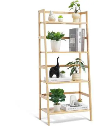 VEVOR  4-Tier Bamboo Ladder Shelf, Rattan Shelf, Trapezoid Open Bookcase, Display Storage Rack Organizer, Freestanding Flower Plant Stand, Ladder Bookshelf Ideal for Bathroom, Bedroom, Office, Study,
