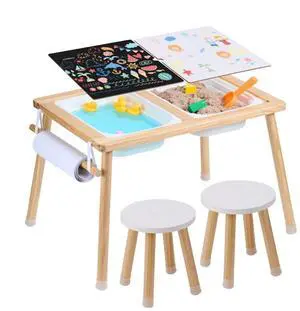 VEVOR Sensory Table and Chairs Set, Toddlers Activity Table with 2 Stools, 2 Storage Bins & Paper Roll Holder, Indoor/Outdoor Play Sand and Water Table, Wooden Kids Sensory Table - Gift for Boys Girls