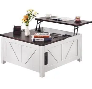 VEVOR 36" Farmhouse Coffee Table, Hinged Lift Top Square Coffee Table with Built-in Power Strip, Wooden Rustic Cocktail Table for Living Room, Bedroom, Apartment, Studio, Brown & White