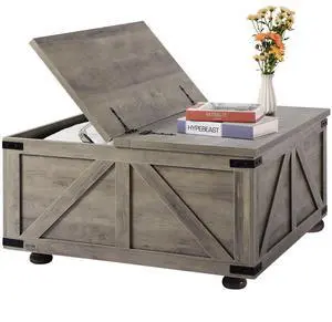 VEVOR  Farmhouse Coffee Table, 36 Inch Hinged Square Coffee Table with Large Storage Compartment, Wooden Rustic Cocktail Table for Living Room, Bedroom, Apartment, Studio, Beige