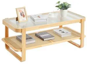 VEVOR Rattan Coffee Table, Rectangle Rattan Woven Wood Mid Century Coffee Table with Tempered Glass Top, 45-Inch Modern Boho Storage Coffee Table with Natural Wood Legs, for Living Room, Bedroom & Sm