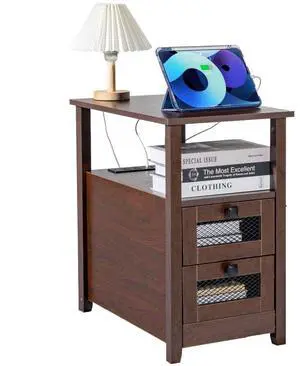 VEVOR  Farmhouse End Table, Narrow Night Stand with USB Ports and Outlets, 4 Tiers End Table Side Table Coffee Table with Storage Cabinet and 2 Drawers, Ideal for Living Room, Bedroom, Office, Brown