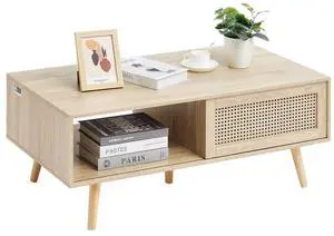 VEVOR Rattan Coffee Table, Mid Century Coffee Table, Rectangle Wood Coffee Table, 42 Inch Modern Boho Style Two Layers Storage Coffee Table, for Living Room, Bedroom & Small Spaces