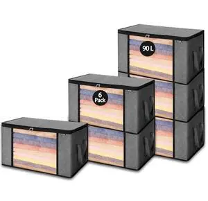 VEVOR 90L Large Storage Bags, 6 Pack Clothes Storage Bin, Foldable Closet Organizers Containers with Handle, Nov-woven Fabric Storage Bag for Clothing, Blanket, Comforter, Bed Sheet, Pillow(Grey)