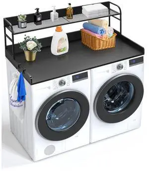 VEVOR Washer Dryer Countertop with Shelf, 27.55" Depth x 54" Width Laundry Wood Top Cover with Anti-slip Strips, over Washer and Dryer Wood Countertop with Edge Rails, Black