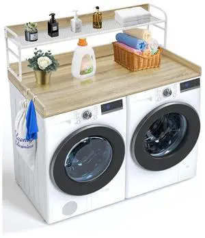 VEVOR Washer Dryer Countertop with Shelf, 27" Depth x 54" Width Laundry Countertop Wood Topper with Edge Rails & Non-Slip Pads Oak