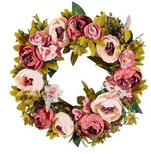 VEVOR Artificial Decorative Wreath 19 in Pink Peonies Hydrangeas Year Round Wreath
