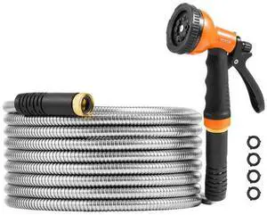 VEVOR Metal Garden Hose 25 ft, Rust Proof Stainless Steel Water Hose, Heavy Duty Backyard Hose with 10 Function Nozzle, No-Kink & Flexible Water Pipe, Lightweight Metal Hose for Yard, Outdoor