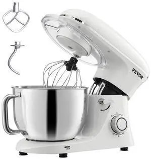 VEVOR Stand Mixer, 6 QT Dough Mixer, 660W 6 + P Speeds Tilt-head Food Mixer with Stainless Steel Bowl, Dough Hook, Wire Whip, Flat Beater, Scraper, Household Stand Mixer for Baking & Mixing, White