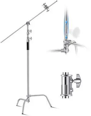 VEVOR C Stand with Boom Arm, Max Height 10.83 ft/330 cm, Stainless Steel Heavy Duty Photography Light Stand with 4.8-9.8 ft Adjustable Height, 2 Grip Head for Studio Monolight, Softbox, Reflector