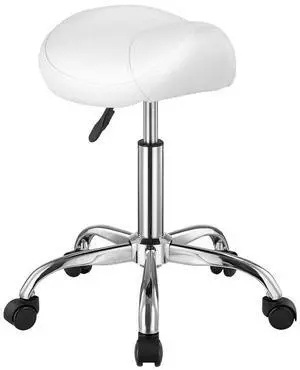VEVOR Saddle Stool with Wheels, 450 LBS Weight Capacity Ergonomic Rolling Stool, Height Adjustable Thickened PU Leather Swivel Saddle Chair for Salon, Spa, Massage, Tattoo, Clinic, White