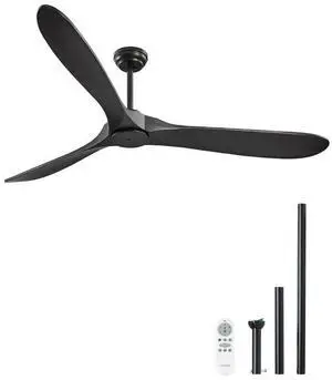 VEVOR 72 Inch Ceiling Fan without Light, 6-Speed Remote Control, 3-Wood-Blade, Reversible DC Motor, Modern Low Profile Flush Mount Exterior Fan for Bedroom, Living Room, Patio, Indoor/Outdoor, Black