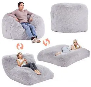 VEVOR Bean Bag Bed Chair, Convertible Chair from BeanBag to Lounge or Mattress, Gaint Bean Bag Chair Bed with Washable Cover for Adults, Fluffy Plush, Foam Filling and Side Pocket, Grey(Queen Size)