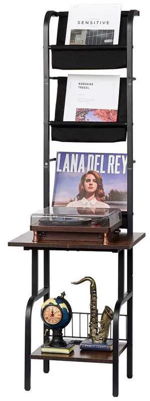 VEVOR 5 Tiers Record Player with LED Light & USB Ports Metal Vinyl Shelf Black