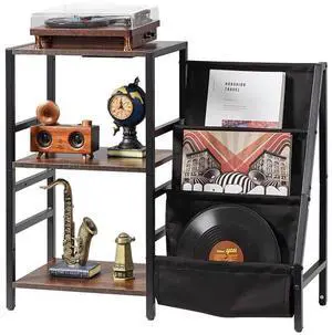 VEVOR 3 Tiers Record Player with LED Light & USB Ports Metal Vinyl Shelf Black