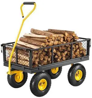 VEVOR 500 Lbs Steel Garden Cart, Heavy Duty Pullable Cart with Wheels for Garden, Metal Yard Utility Wagon with 10" All Terrain Tires, Removable Mesh Sides and 180° Rotating Handle