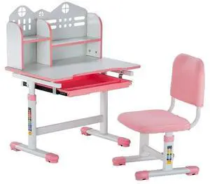 VEVOR Kids Study Chair and Desk with Bookshelf & Drawer Adjustable Height Pink