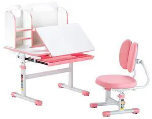 VEVOR Kids Study Chair and Desk with Bookshelf & Drawer Height Adjustable Pink