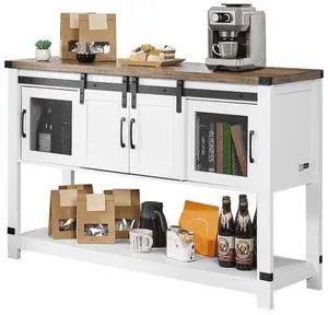 VEVOR Coffee Bar Cabinet, 47.3 x 15.7 x 32.7 in Farmhouse Coffee Bar Cabinet with 4-Tier Storage, Coffee Bar Table with Barn Doors, Farmhouse Sideboard Buffet Cabinet for Living Room, Entryway